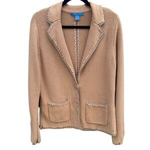 White + Warren Beige Knit Blazer Cardigan Jacket Knit Crochet Trim Womens XL
